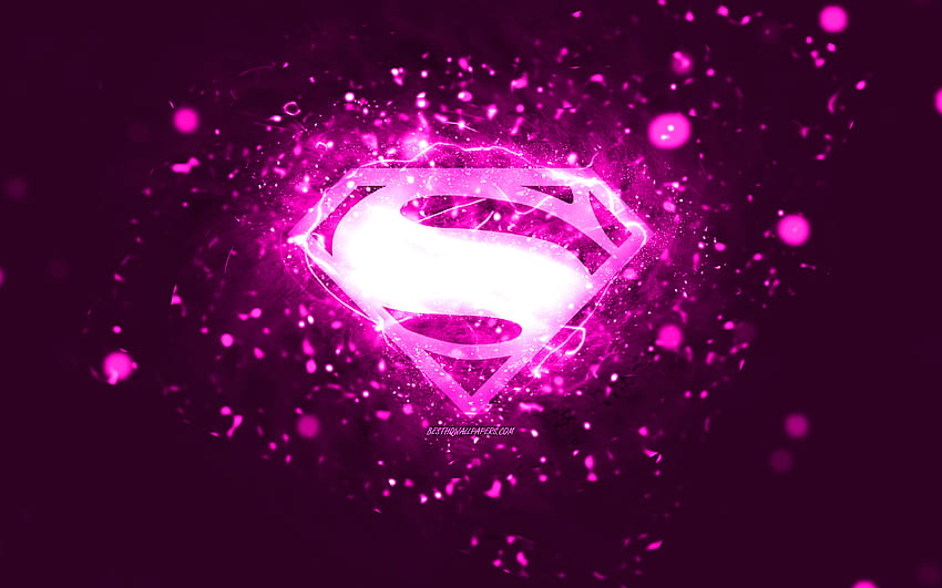 Superman purple logo, , purple neon lights, creative, purple abstract background, Superman logo, superheroes, Superman HD wallpaper