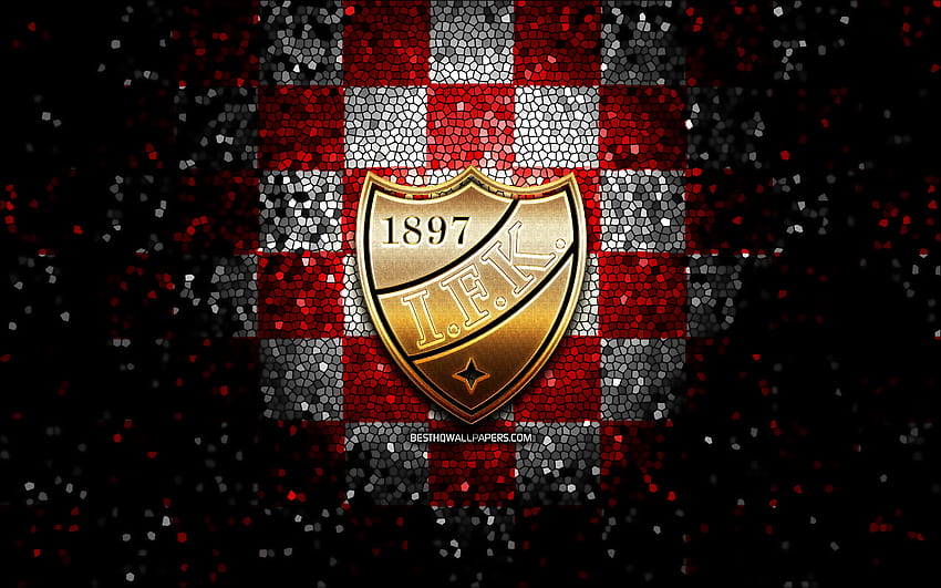HIFK FC, Glitzerlogo, Veikkausliiga, rot-weiß karierter Hintergrund, Fußball, finnischer Fußballverein, HIFK FC-Logo, Mosaikkunst, Fußball, Seinajoen Jalkapallokerho, IFK Helsingfors HD-Hintergrundbild