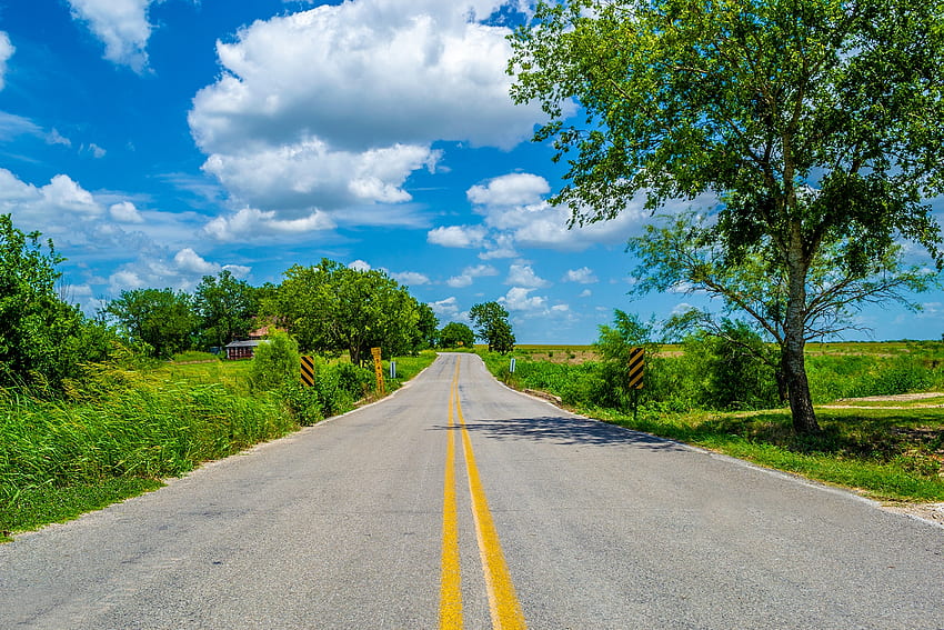 A Summer Day, blue, country living, graphy, skies, Texas, USA, seasons, summer, backroads, roadscape, rural, clouds, trees, road, travel HD wallpaper