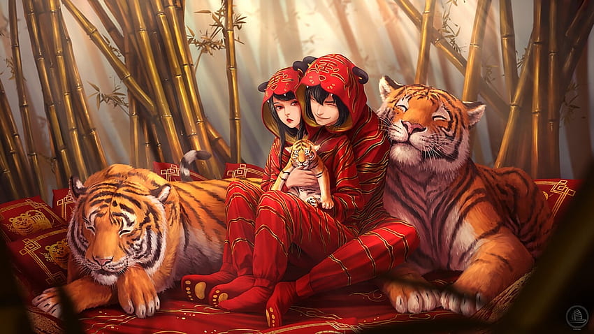 Tahun Macan, anak harimau, seni, kucing besar, pria, lucu, Cina, gadis, xiaofan zhang, pisici, zodiak, fantasi, merah, pasangan, tigru, luminos, oranye Wallpaper HD