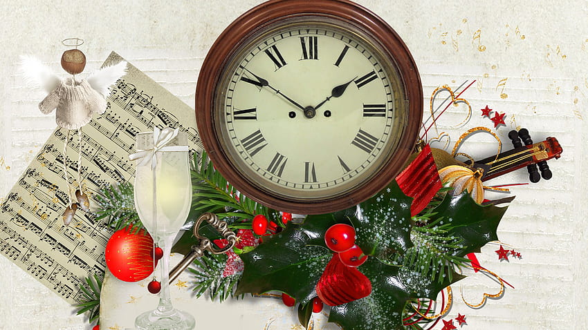 クリスマス新年、霜、フェリス・ナビダッド、Firefox ペルソナ、ベリー、正月、ボール、天使、音楽、シャンパン グラス、クリスマス、装飾、時計、楽譜 高画質の壁紙