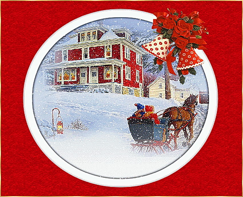 การเยี่ยมครอบครัว ฤดูหนาว หิมะ คริสต์มาส ม้าและรถม้า คันธนู ระฆัง ผู้คน บ้านสีแดงและสีขาว วอลล์เปเปอร์ HD