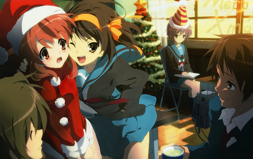 Haruhi Christmas, mikuru, anime, yuki, christmas, haruhi HD wallpaper