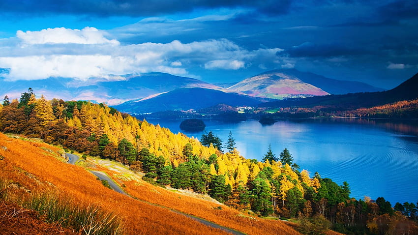 Taman Nasional Lake District di Musim Gugur, Inggris, bukit, musim gugur, awan, lanskap, pohon, warna, langit, air Wallpaper HD