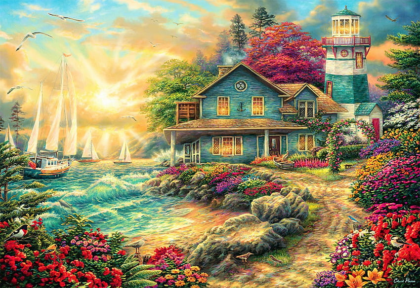 Sunrise By The Sea, obras de arte, farol, pintura, barcos, casa de campo, flores papel de parede HD