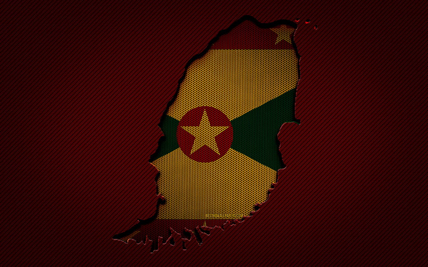 Grenada map, , North American countries, Grenada flag, red carbon background, Grenada map silhouette, North America, Grenada, flag of Grenada HD wallpaper