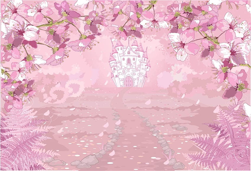 Laeacco Cartoon Pink Princess Castle Backdrop Vinyl .5ft Pink Flowers Winding Road Flying Petals Background Dreamland Fairytale Story Scenic Baby Girl Birtay Party Banner Quarto das meninas: Eletrônicos papel de parede HD