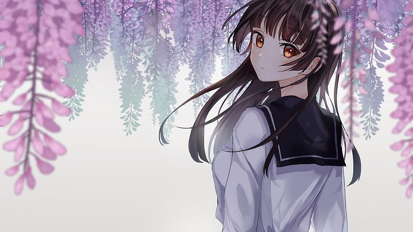 Anime School Girl, Brown Hair, Sakura Blossom, Back View, Leaves for HD ...