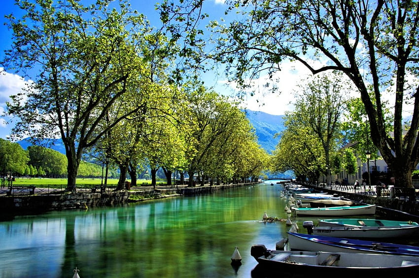 Annecy, Frankreich, Boote, Frankreich, Natur, Bäume HD-Hintergrundbild