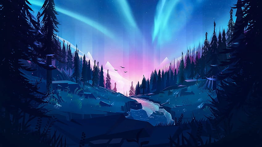 Auroral Forest Illustration Resolution, 1600 X 900 Mountain HD wallpaper