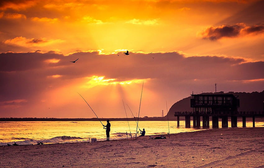 beach, sea, sunset, pier, fishing for , section пейзажи HD wallpaper