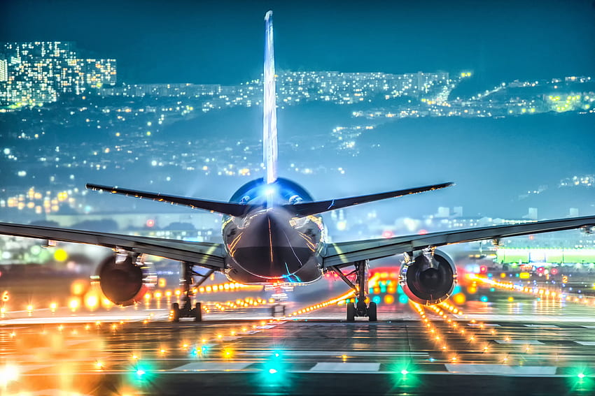 avión, pista, luces, ciudad, osaka, aeropuerto, aeronave Aeronaves y aviones, pista de aterrizaje fondo de pantalla
