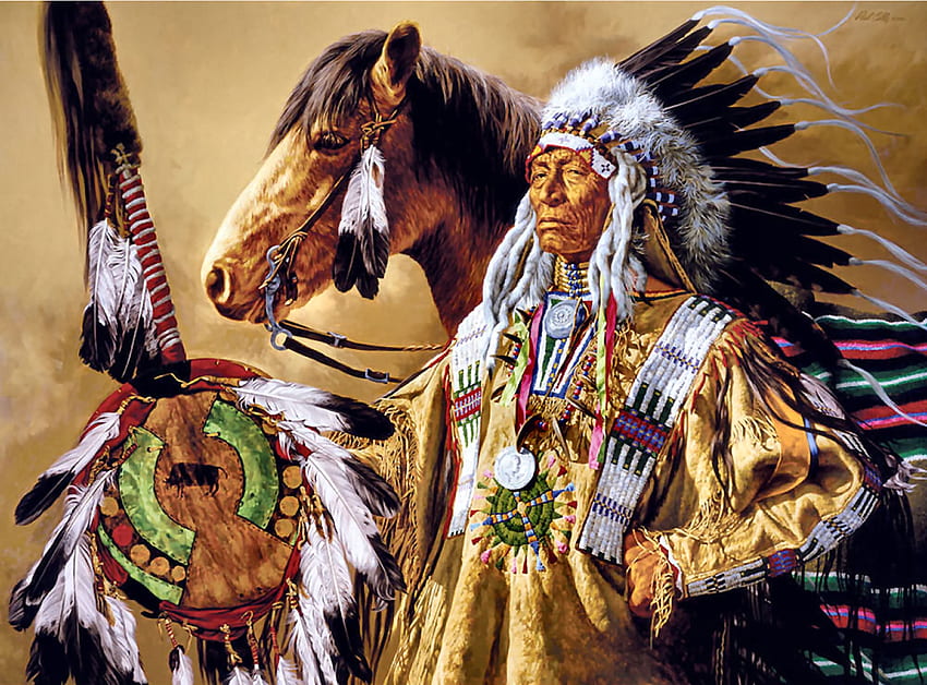 Chief High Pipe F, artwork, Native American, wide screen, painting, art, beautiful, illustration, people HD wallpaper