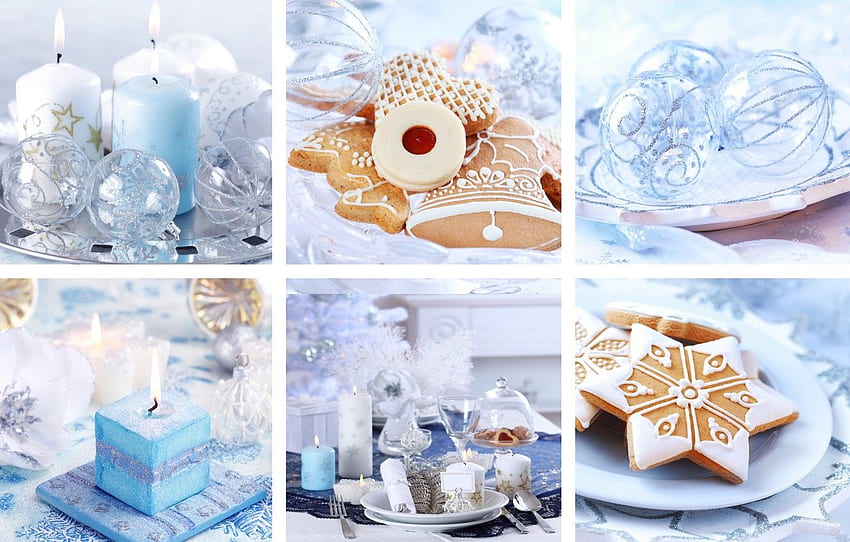 holiday, blue, collage, new year, candles, cookies HD wallpaper