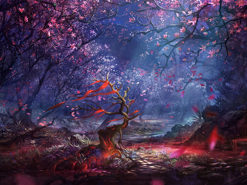 Różowe i brązowe drzewa cyfrowe, grafika, sztuka fantasy • dla Ciebie, ciemny fioletowy las Tapeta HD