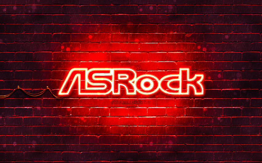 Logotipo rojo de ASrock, pared de ladrillo rojo, logotipo de ASrock, marcas, logotipo de neón de ASrock, ASrock fondo de pantalla