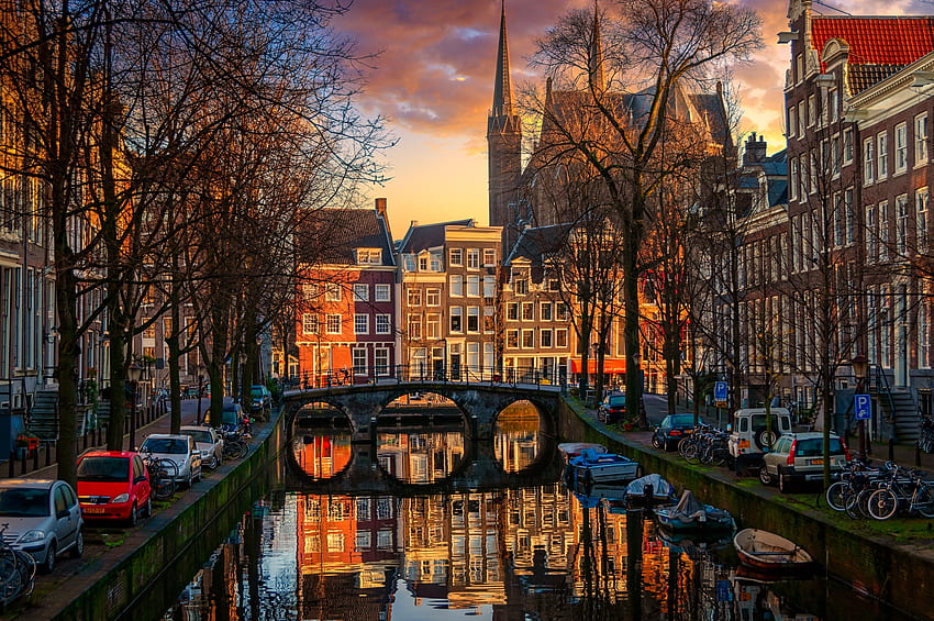 アムステルダム - オランダ、アムステルダム、都市、オランダ、日没 高画質の壁紙