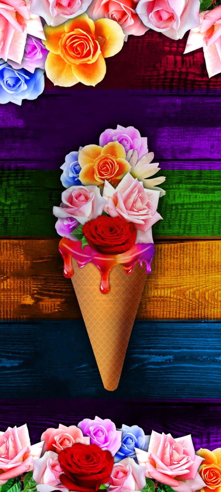 Flower Ice Cream, hybrid tea rose, beautiful, magenta, flowers, ice cream, wooden, colorful HD phone wallpaper