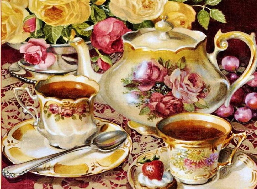 Czas na herbatę, filiżanki, martwa natura, róże, kwiaty, czajniczek Tapeta HD