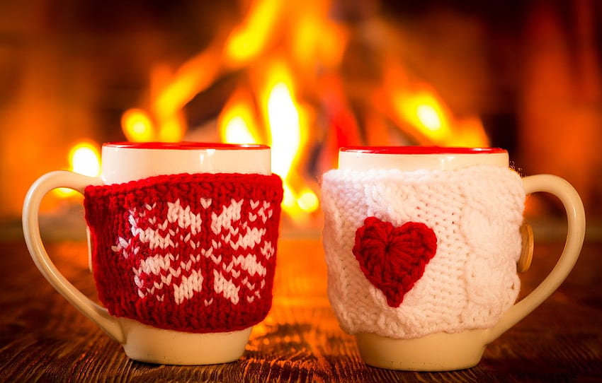 winter, coffee, hot, Cup, fire, fireplace, winter, cup, couple, coffee, cute, mitten for , section настроения HD wallpaper