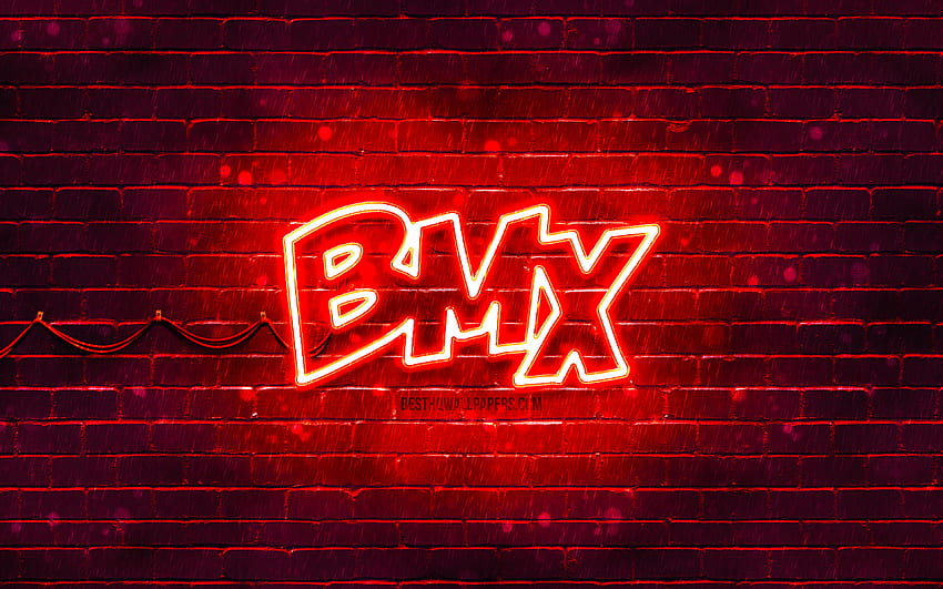 BMX red logo, , red brickwall, BMX logo, brands, BMX neon logo, BMX HD wallpaper
