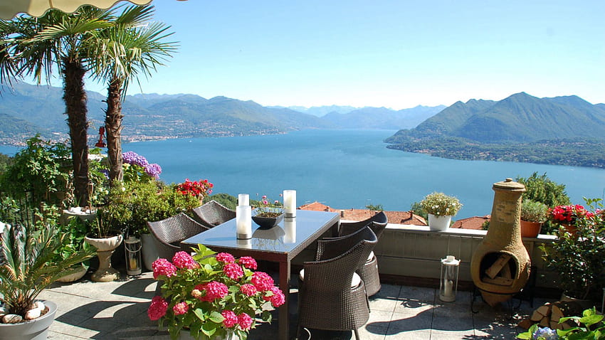 Mountains, Italy, Lake, , , Relaxation, Rest, View, Mood, Terrace, Enjoyment, Maggiore, Stresa, Streza HD wallpaper