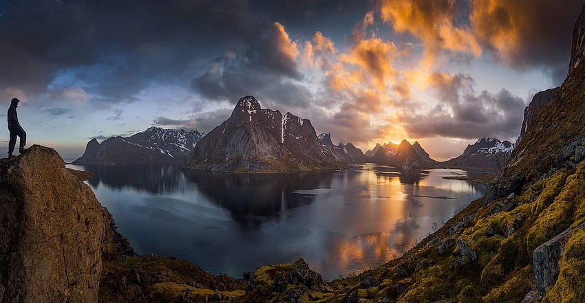 nature, Landscape, Panoramas, Lofoten Islands, Norway, Sunset, Hiking HD wallpaper
