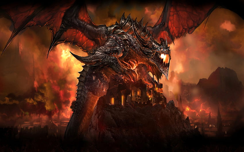 Once a Proud Fortress, destruction, fantasy, dragon, fortress, fire HD wallpaper
