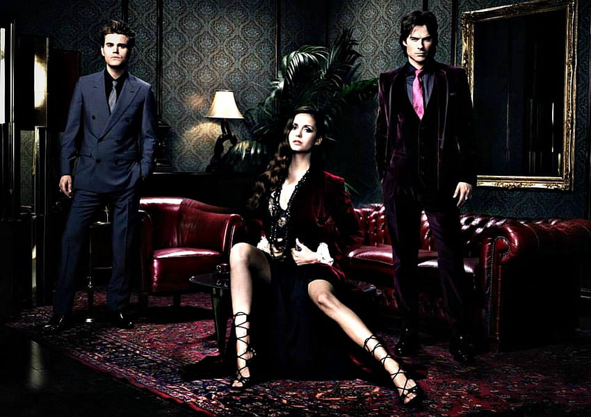 Vampire Diaries (2009-), negro, ian somerhalder, hombre, niña, nina dobrev, paul, mujer, serie de televisión, damon, fantasía, elena, rojo, stefan, vampire diaries, masculino, wesley fondo de pantalla