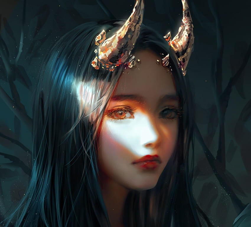 Demoness, fantasy, art, horns, nixeu, face, girl, dark HD wallpaper