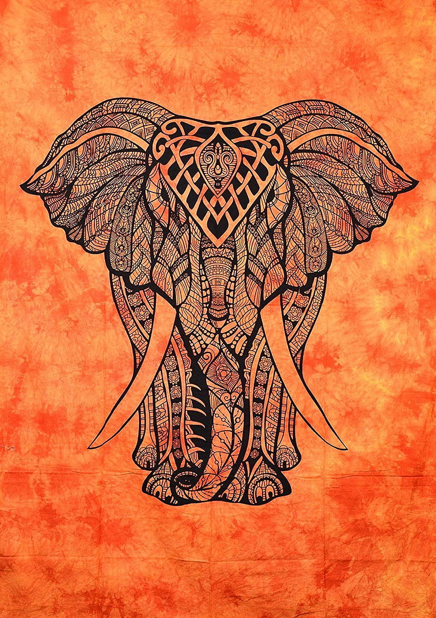 Orange Elefant Wandteppich Hippie Boho Wandbehang Kunst. Elefant-Wandteppich, hängende Kunst, Wandteppich, böhmischer Elefant HD-Handy-Hintergrundbild