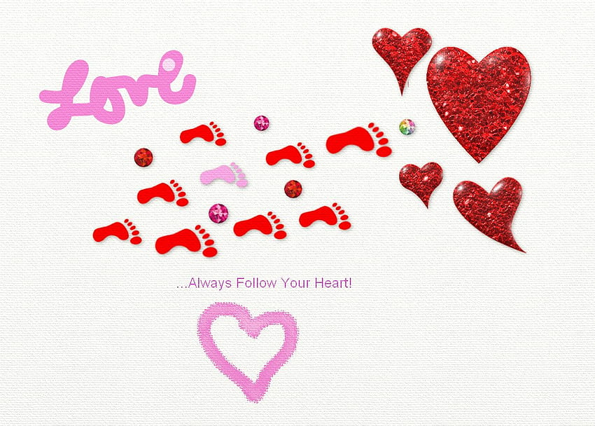 Always Follow Your Heart, white, quotes, beads, inspirational, glitter, stickers, pink, gems, love, red, texture, hearts, peace, heart, joy HD wallpaper