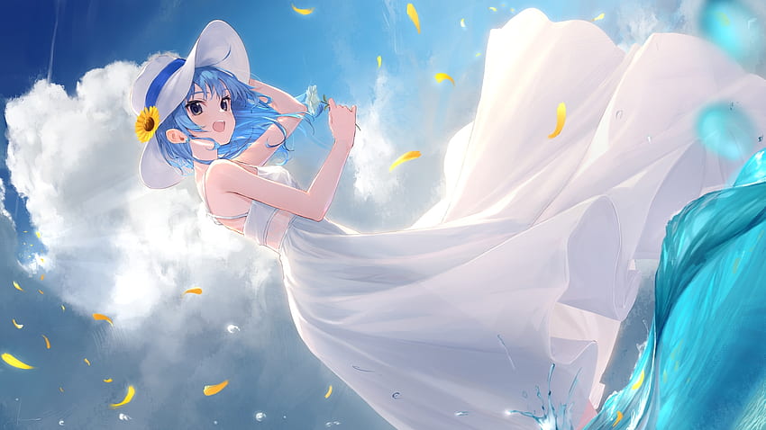 schwarze augen blaue haare erröten wolken kleid blumen hut hololive hoshimachi suisei lange haare himmel sommerkleid takubon wasser - Anime HD-Hintergrundbild