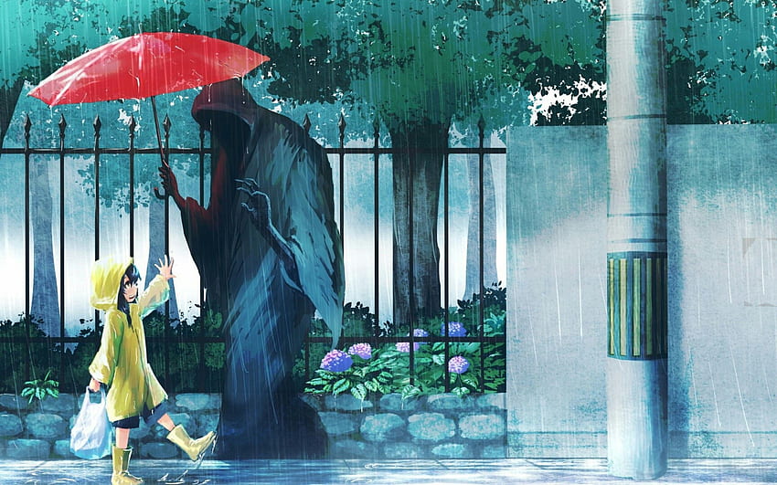 Anime Girl, Raining, Coat, Red Umbrella HD wallpaper