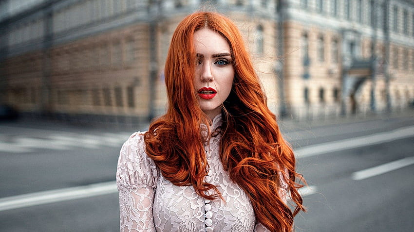 wavy hair, model, redhead, long hair, looking at viewer HD wallpaper