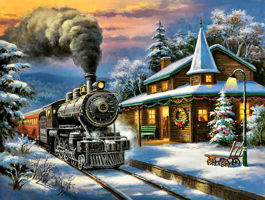 Holiday Limited - Влак F, зима, изкуство, двигател, влак, красива, илюстрация, произведение на изкуството, широк екран, , сняг, релси, локомотив, железопътна линия HD тапет