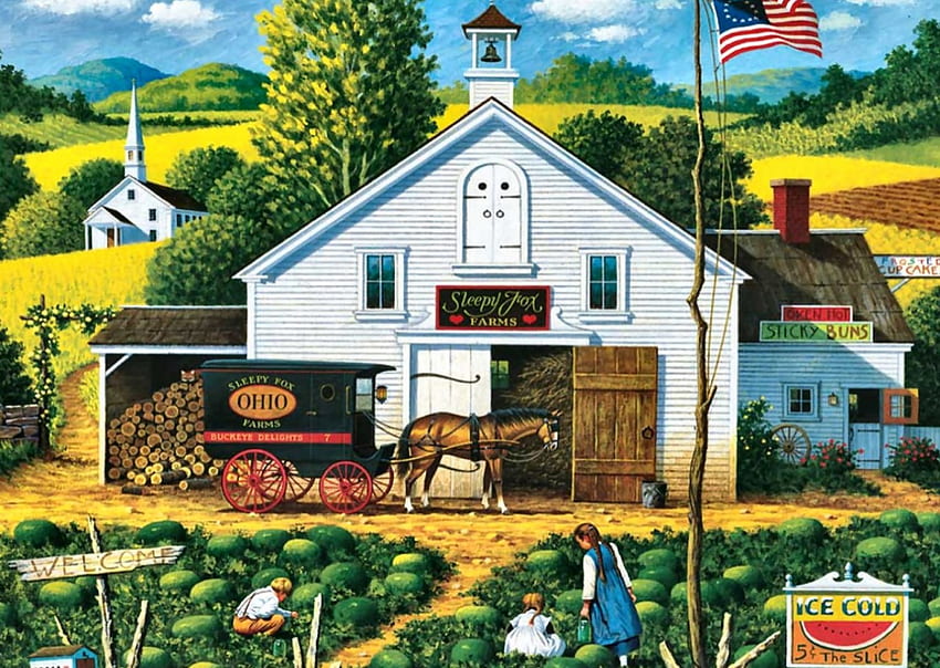 Sleepy Fox Farms F1, kuda, arsitektur, seni, lanskap, pertanian, cantik, karya seni, tanaman, pemandangan, layar lebar, lukisan, kuda, penanaman Wallpaper HD