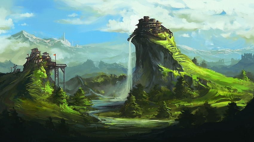 cliff, castle, fantasy, waterfall HD wallpaper