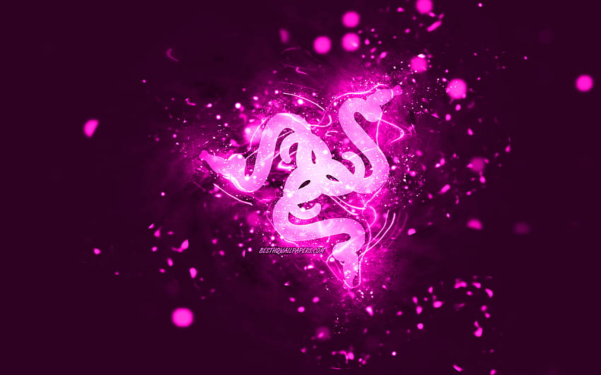 Лилаво лого на Razer, , лилави неонови светлини, творчески, тюркоазен абстрактен фон, лого на Razer, марки, Razer HD тапет