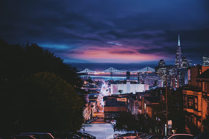 Städte, Himmel, Nacht, USA, Gebäude, Brücke, Vereinigte Staaten, San Francisco HD-Hintergrundbild
