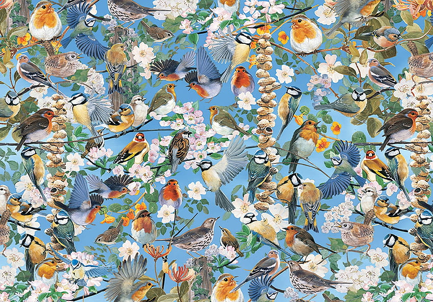 pássaros e flores, azul, chapim azul, pássaro, flor, textura, pitigoi, pasari papel de parede HD