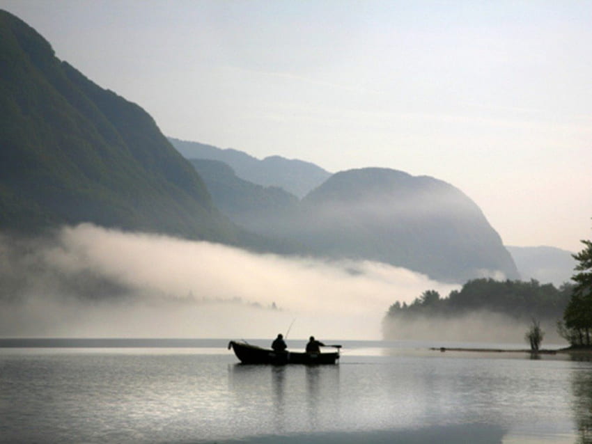 湖、漁師、ボート、静かな、平和、自然、湖のボートで 2 人の漁師 高画質の壁紙