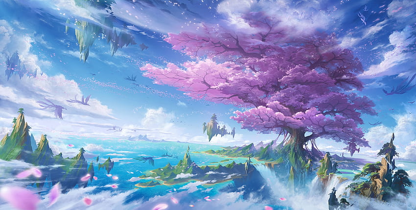 Yüzen dağlar ve efsanevi yaratıklar, gökyüzü, dijital sanat, sakura ağacı, fantezi hayvanları, anime manzarası, anime, fantezi, büyülü, sakura, bulutlar, yüzen, okyanusla çevrili bir okyanusun üzerindeki dev bir sakura ağacının anime manzara çizimi HD duvar kağıdı