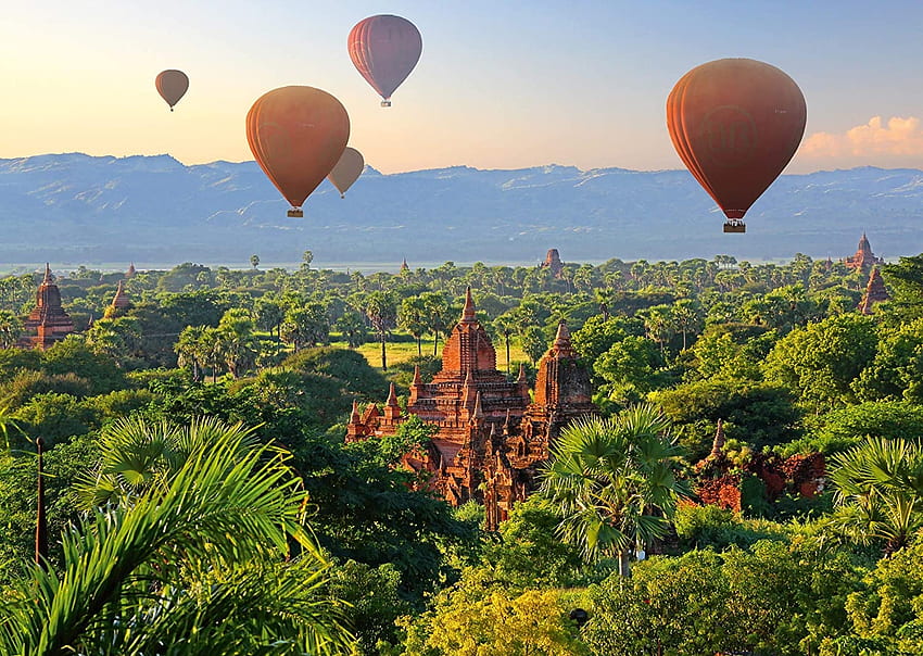 Mandalay, Myanmar, balloons, landscape, trees, building, ancient HD wallpaper