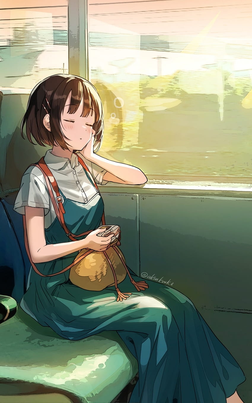 Sleepy Anime Girl, Train Trip, Dress, Slice Of Life, Windows, Mood, Camera, Short Hair for Google Nexus 10 HD phone wallpaper