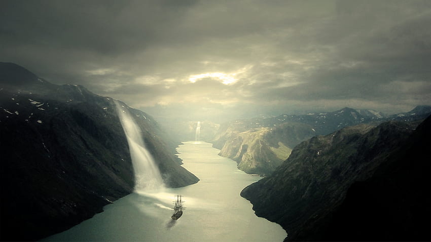 Highland Fantasy, river, ship, clouds, waterfall, sky, water, sun HD wallpaper