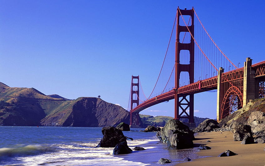 Städte, Steine, Wellen, klarer Himmel, Ozean, Brücke, Dahl, Entfernung, Kalifornien, klarer Himmel HD-Hintergrundbild