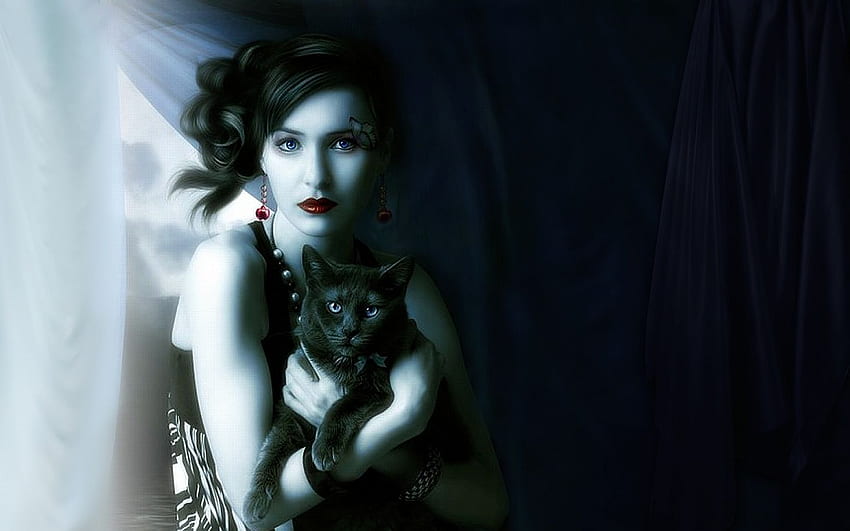 von schönen Hexen. Schwarze Katze mit Hexe. Katzen, Kunst, Hexe HD-Hintergrundbild