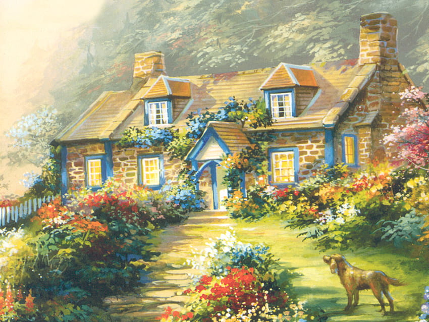 Spring At The Cottage, dog, painting, art, cottage, spring HD wallpaper