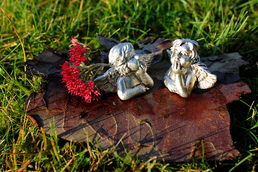 ๑๑ Talking about Christmas ๑๑, red flowers, small, statue, together, wings, garden, grass, fresh, angels, pretty, christmas, love, green, silver, nature, lovely, forever HD wallpaper